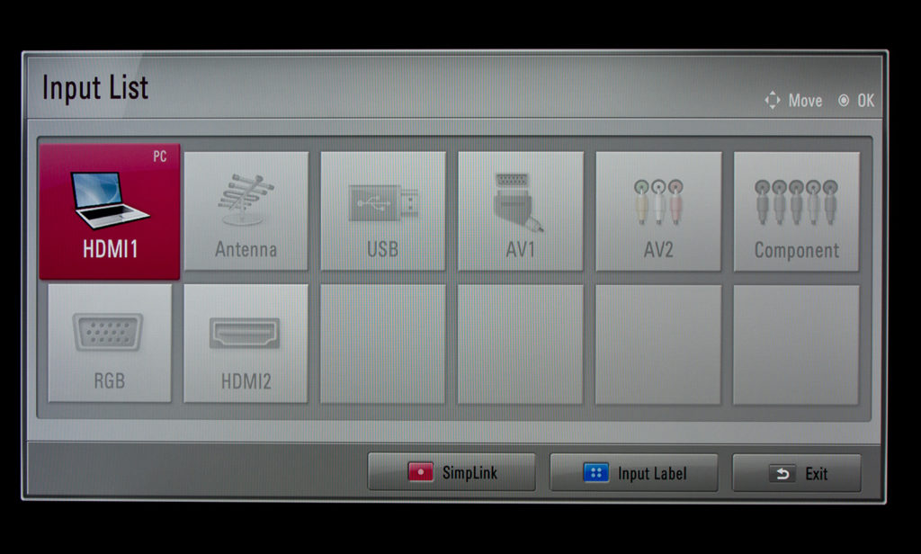 Меню переключения входов телевизора, в этом примере нужно выбрать третий пункт "USB"